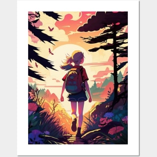 Girl trekking in the woods with a beautiful sunset effect Posters and Art